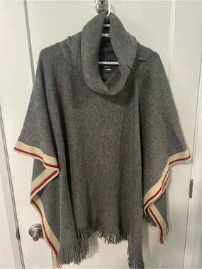 Roots Gray Poncho Sweater with Cream and Red Stripe Trim